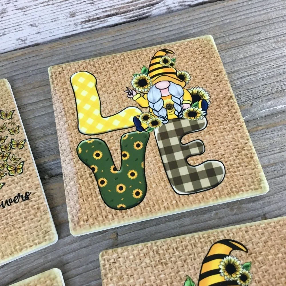 Sunflower Gnome Sandstone Coasters Set of 4